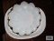 Milk glass with gold rim egg plate and Corning 2-1/2 quart casserole.