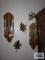 Pair of mirrored wood candle sconces and metal leaf decorations