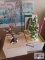 Department 56, King's Road Market Cross, ceramic trees, tree with cardinal, and village winter Birch