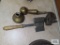 Antique meat tenderizer, brass door handle, antique hammer heads, etc
