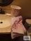 Cherry blossoms shower curtain, ceramic wastebasket, towels and soap holder. Wastebasket has a chip