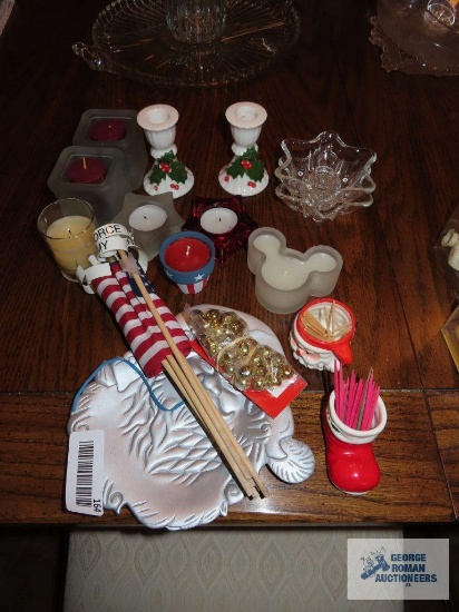 Candle holders, toothpickholders, metal Santa, etc.