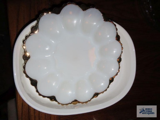 Milk glass with gold rim egg plate and Corning 2-1/2 quart casserole.