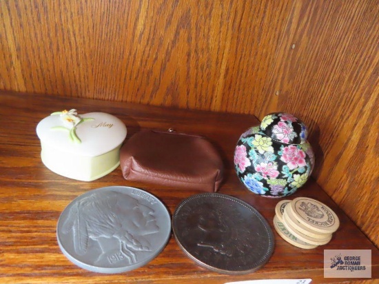 Large Buffalo nickel and Indian head penny, wooden nickels, change purse, trinket box and miniature