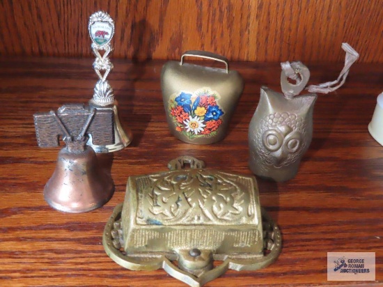Antique match holder, metal owl bell and other bells
