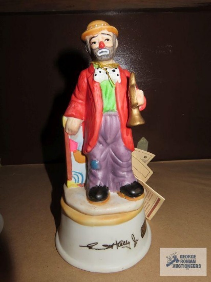 Emmett Kelly Jr Collection, clown wearing red coat with horn music box, plays Send in the Clowns,
