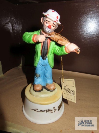 Emmett Kelly Jr Collection, clown with green coat music box, plays Send in the Clowns, approximately