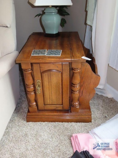 Oak end table with built-in magazine rack on first floor