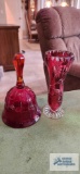 Viking cranberry glass bell and cranberry crystal vase