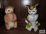 Ceramic owl and groundhog figurines approximately 12 in tall