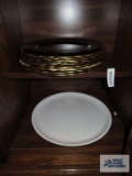 Gold plastic chargers and plastic serving tray