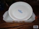Fire King wheat motif baking dish and Corning blue corn flower pie pan