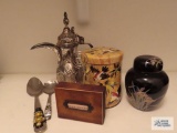 Black onyx oriental style urn convert motif tin, metal ornate teapot. Decorative, spoons, etc.