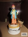 Emmett Kelly Jr Collection, clown with teal coat music box, plays Send in the Clowns, approximately