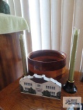 Vintage wooden bowl handcrafted by Guy Hawkins, Beacon Hill candlesticks with candles, and The Cat's