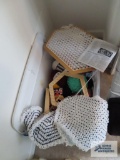 Crafting supplies, sewing and crocheting supplies with plastic tote