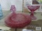 Pink glass plates, candy dish, and candlestick