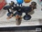 Cast aluminum lamp holder, heavy brass double candle holder, brass bells, etc