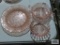 Pink depression glass double handled dish, salad plates and bowl
