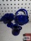 Cobalt blue glass basket, vase and small cruet