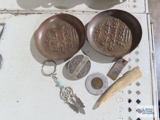 Metal coasters, antique Ohio chauffeur pin, keychain, etc