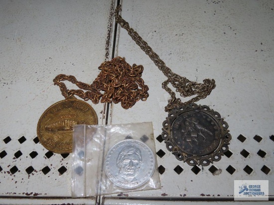 Spirit of 76 medallion necklace, Frank Sinatra medallion necklace, and Jimmy Carter medallion 1977