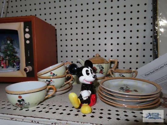 Mickey Mouse children's tea set and Mickey Mouse figurine