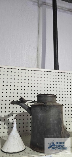 Enamelware funnel and antique RF&P RR metal oil can. Can has dents.