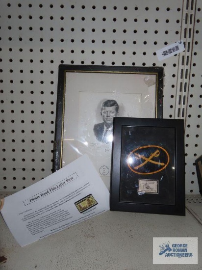 Civil War Centennial patch and stamp and John F. Kennedy first day of issue framed portrait