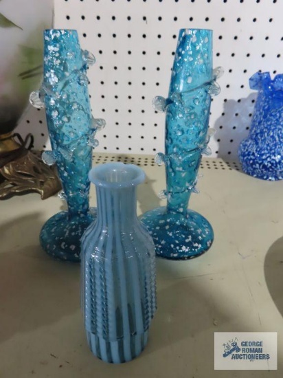 Three art glass vases. The tall ones have cracks and the small one has a chip on top.