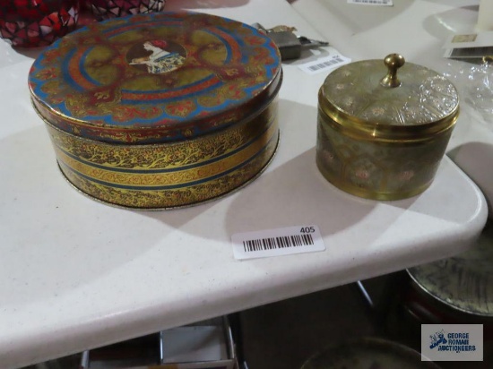 Heavy brass covered dish and antique tin