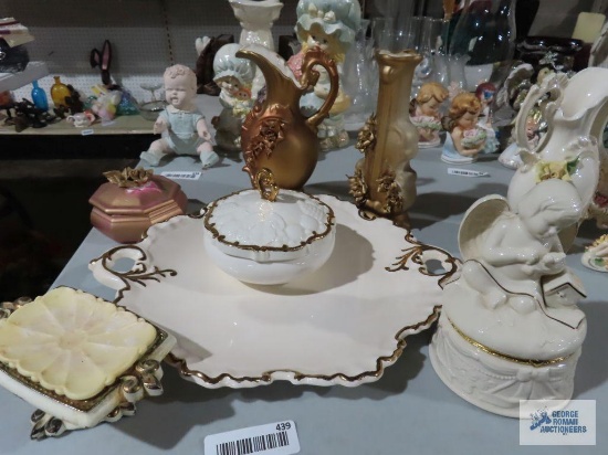 Angel trinket box, covered candy dish, ceramic vases, serving platter, and soap dish