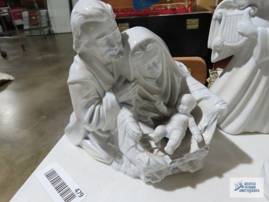 Ceramic Nativity figurines, Angel figurine, and double handled planter 1970