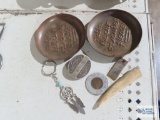 Metal coasters, antique Ohio chauffeur pin, keychain, etc