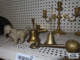 Brass bells, bottle opener, and heavy brass poodle figurine