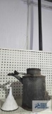 Enamelware funnel and antique RF&P RR metal oil can. Can has dents.