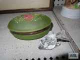 Green glass trinket box and crystal fish