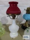 Milk glass lamp with maroon shade
