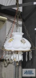 Hand painted milk glass and metal hanging lamp with floral motif