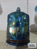 Blue carnival glass covered candy dish
