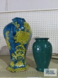 Oriental style vase and smaller Scheurich number 515-18 vase. West Germany