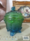 Blue and green glass footed candy dish