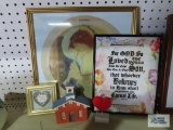 Religious wall hangings, Roscoe Village Foundation schoolhouse and etc
