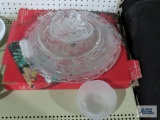 Glass serving platters including Mikasa and frosted glass bowl