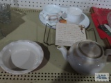 Ceramic teapot, Crofton baking dish, Corelle mugs, Corning Ware mug and etc