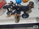 Cast aluminum lamp holder, heavy brass double candle holder, brass bells, etc