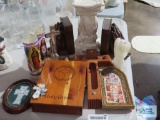 Assortment of religious items including bookends, candles, wall hangings, Angel figurine