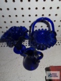 Cobalt blue glass basket, vase and small cruet