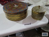 Heavy brass covered dish and antique tin