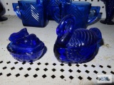 Cobalt blue miniature bunny on basket and swan